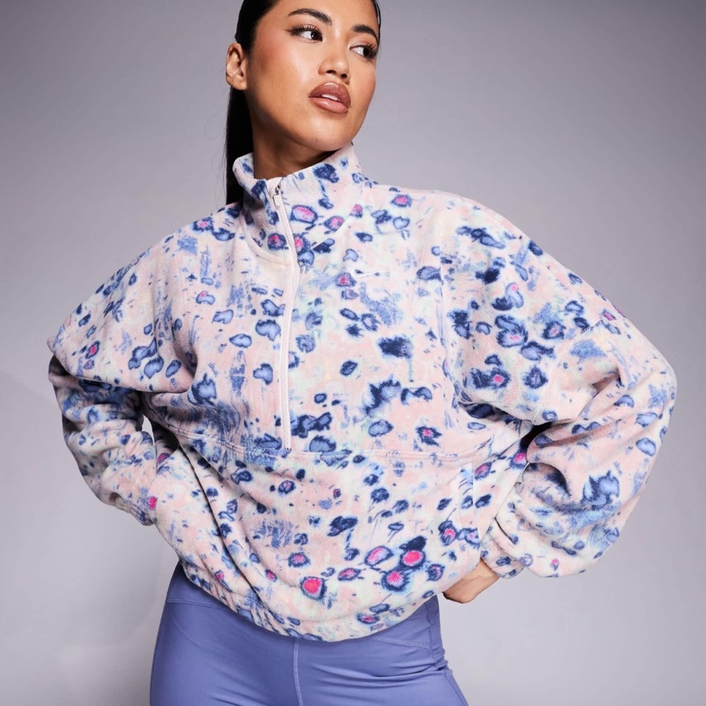Nike Polar Fleece Half - Zip Pullover In Blue And Pink, Mock Neck, Cropped, Xs